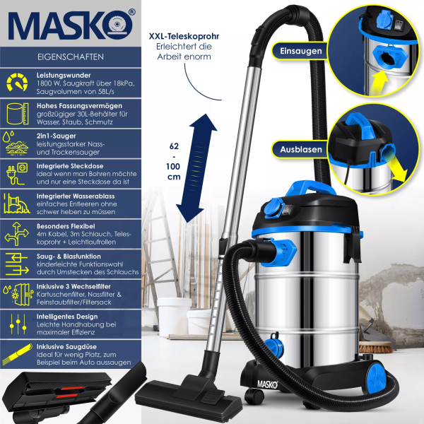 MASKO® industriesauger Staubsauger Nass Trocken 1800 W Industriestaubsauger 30L – Bild 2