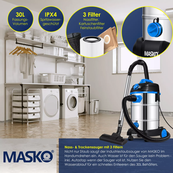 MASKO® industriesauger Staubsauger Nass Trocken 1800 W Industriestaubsauger 30L – Bild 5