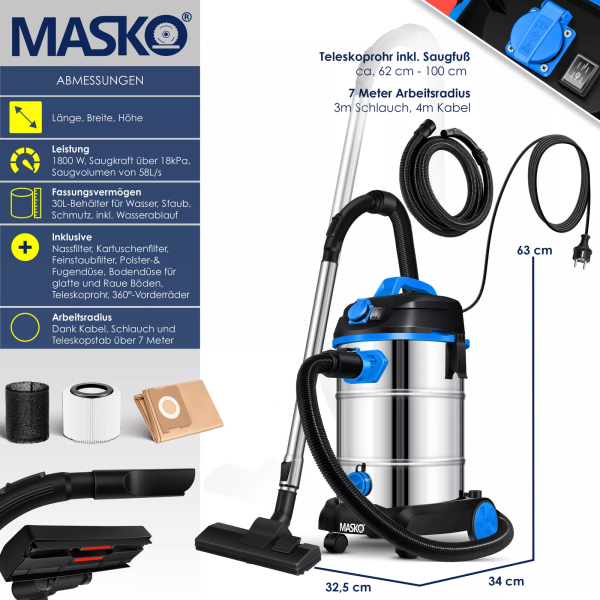 MASKO® industriesauger Staubsauger Nass Trocken 1800 W Industriestaubsauger 30L – Bild 7